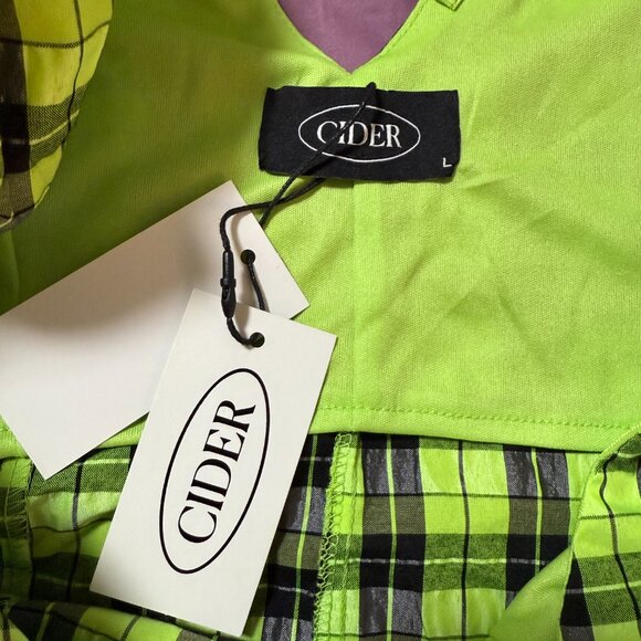 CIDER Women's Black/Lime Neon Plaid V-Neck Half Sleeve Mini Dress Size Large NWT - Picture 7 of 10